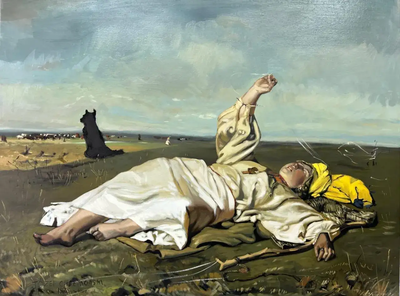 Przykładowa interpretacja obrazu: Kobieta leży na łące, z ręką wyciągniętą ku niebu. W oddali czarny pies i stado krów.