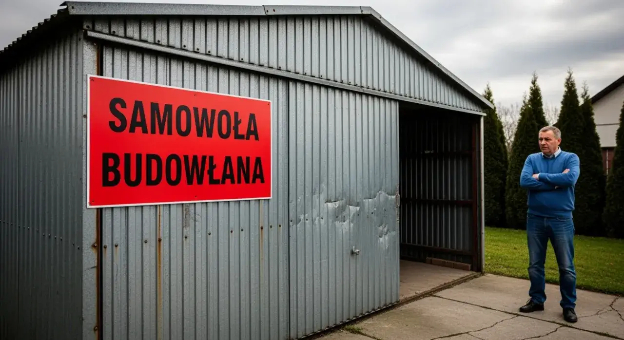 Mężczyzna stoi obok blaszaka z czerwonym znakiem 