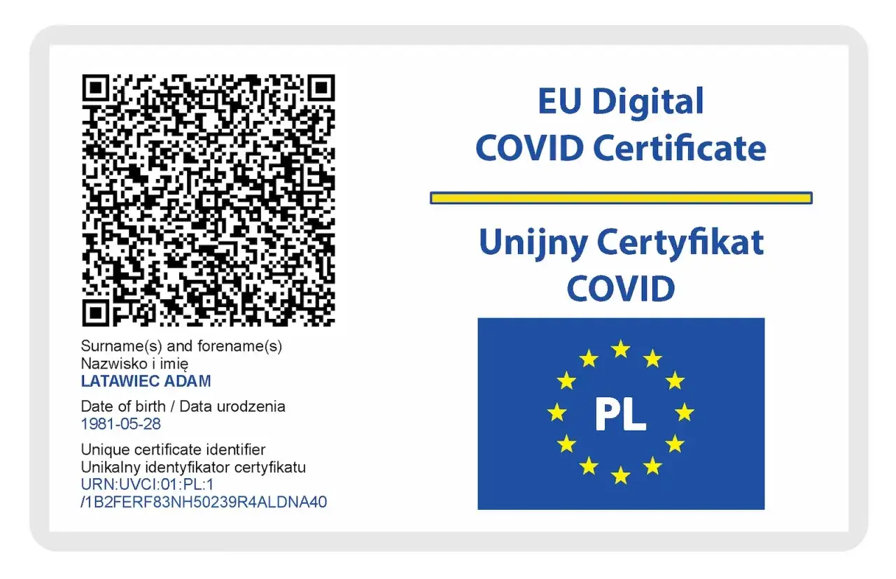 Unijny Certyfikat COVID wzór