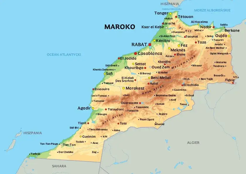 mapa Maroka z głównymi miastami turystycznymi