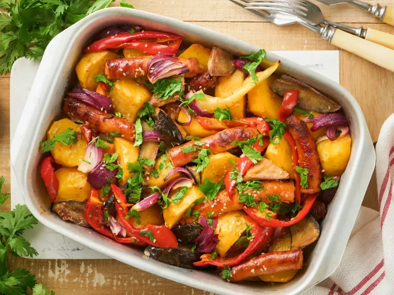Pyszne pieczone ziemniaki, kiełbaski, papryka i cebula. Idealne danie, które można ugotować na obiad.