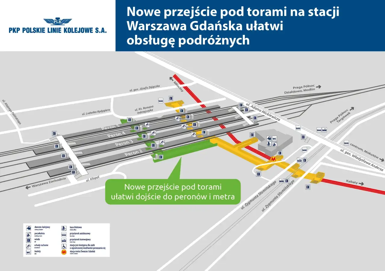 Mapa stacji Warszawa Gdańska z nowym przejściem pod torami ułatwiającym dostęp do peronów i metra.