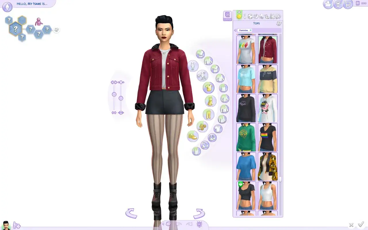Tworzenie postaci w The Sims 4 z użyciem najlepszych mod&oacute;w. Wyb&oacute;r ubrań, w tym modnych top&oacute;w, dla Simki.