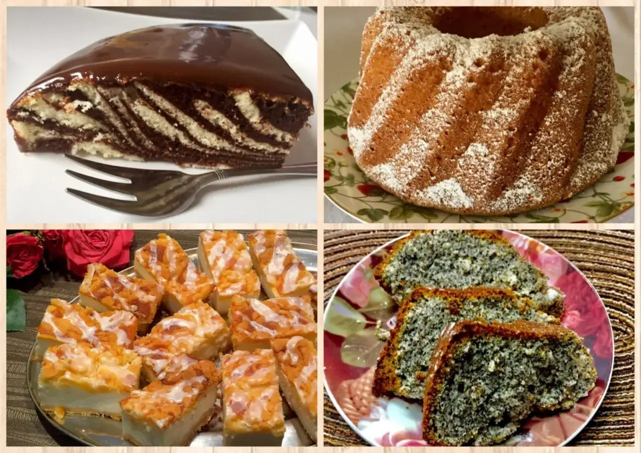 Ciasto z białek w paski, babka z cukrem pudrem, kawałki sernika z brzoskwiniami i makowiec.