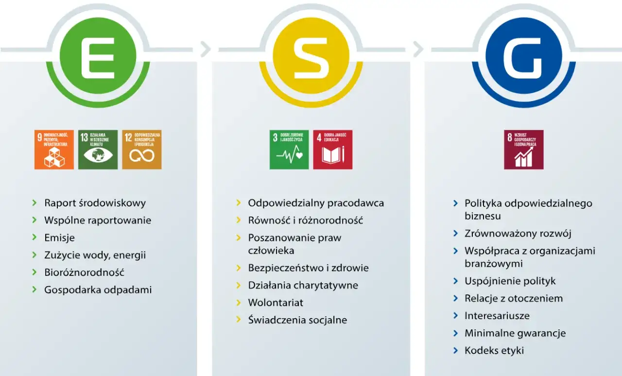 Grafika wyjaśnia, esg co to jest: E (środowisko), S (społeczeństwo), G (ład korporacyjny).