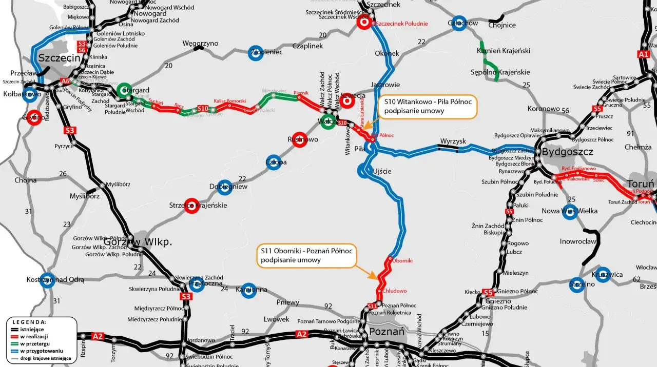 Mapa trasy Szczecin Warszawa samochodem A6 S3 A2