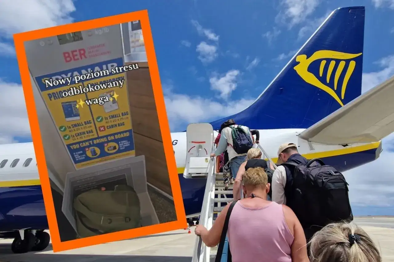 Podczas odprawy bagażowej na lotnisku, gdzie sprawdzają, czy magnesy można przewozić w bagażu podręcznym, pasażerowie wchodzą na pokład samolotu Ryanair.
