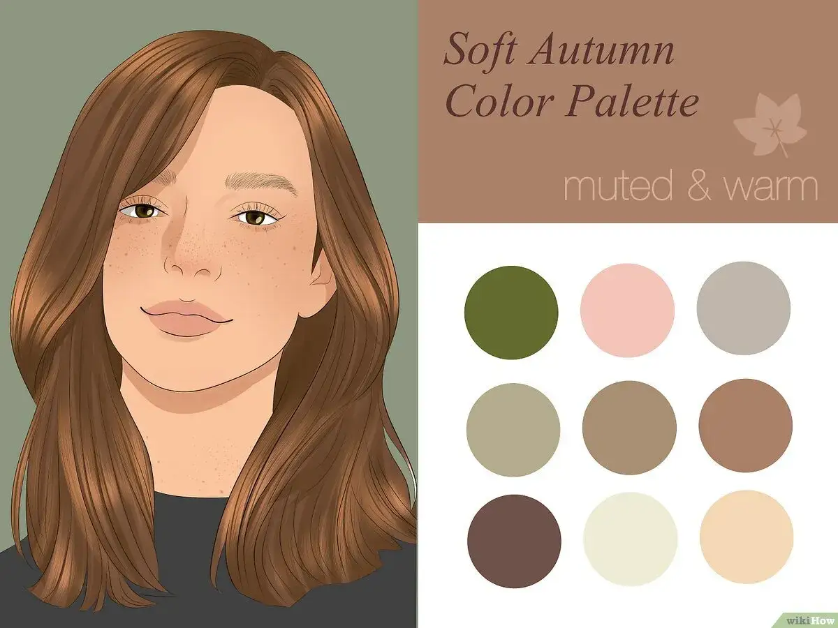 Portret kobiety z piegami i brązowymi włosami, obok paleta barw dla chłodna jesień typ urody.