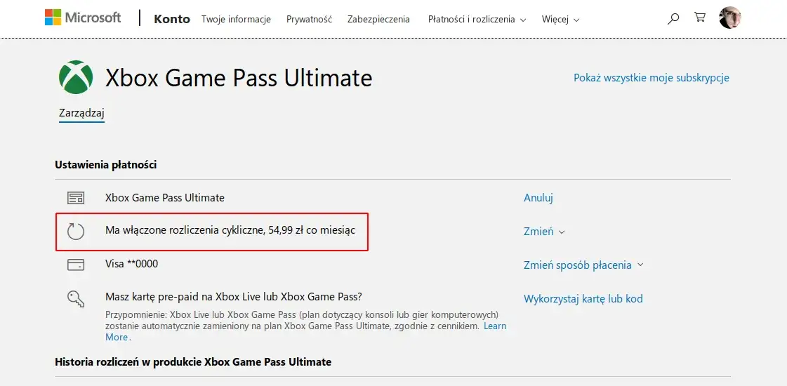 Anulowanie subskrypcji Xbox Game Pass krok po kroku strona Microsoft