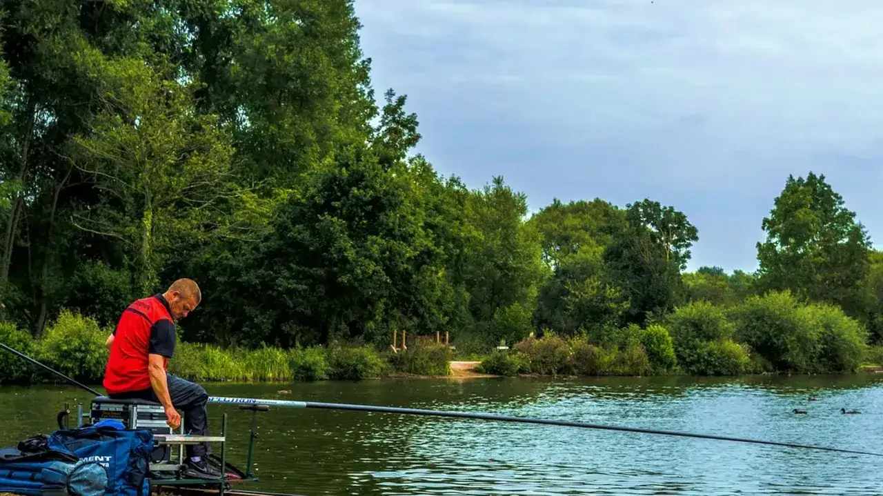 Wędkarz z czerwono-czarną kamizelką siedzi nad jeziorem, łowiąc ryby. W tle bujna zieleń drzew i krzewów. Posiada zezwolenie PZW Wrocław.