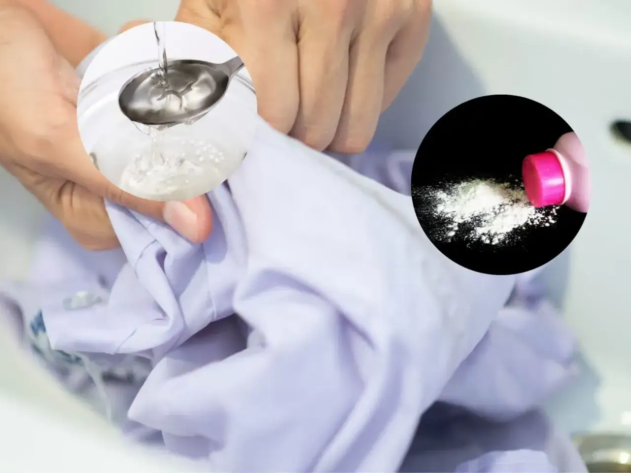 Domowe sposoby na stare tłuste plamy na ubraniach: ocet i proszek do prania.