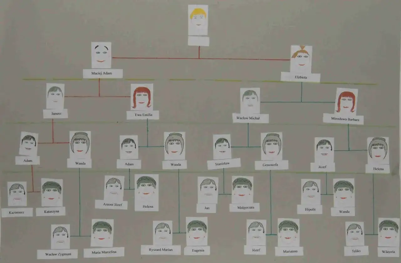 Drzewo genealogiczne definicja dla dzieci: ilustracja pokazuje członk&oacute;w rodziny, od dziadk&oacute;w po wnuki, połączonych liniami.