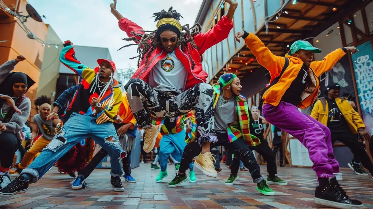 Energiczna grupa tańczy na ulicy, jak w najlepszych serialach o tańcu. Kolorowe stroje i dynamiczne ruchy.