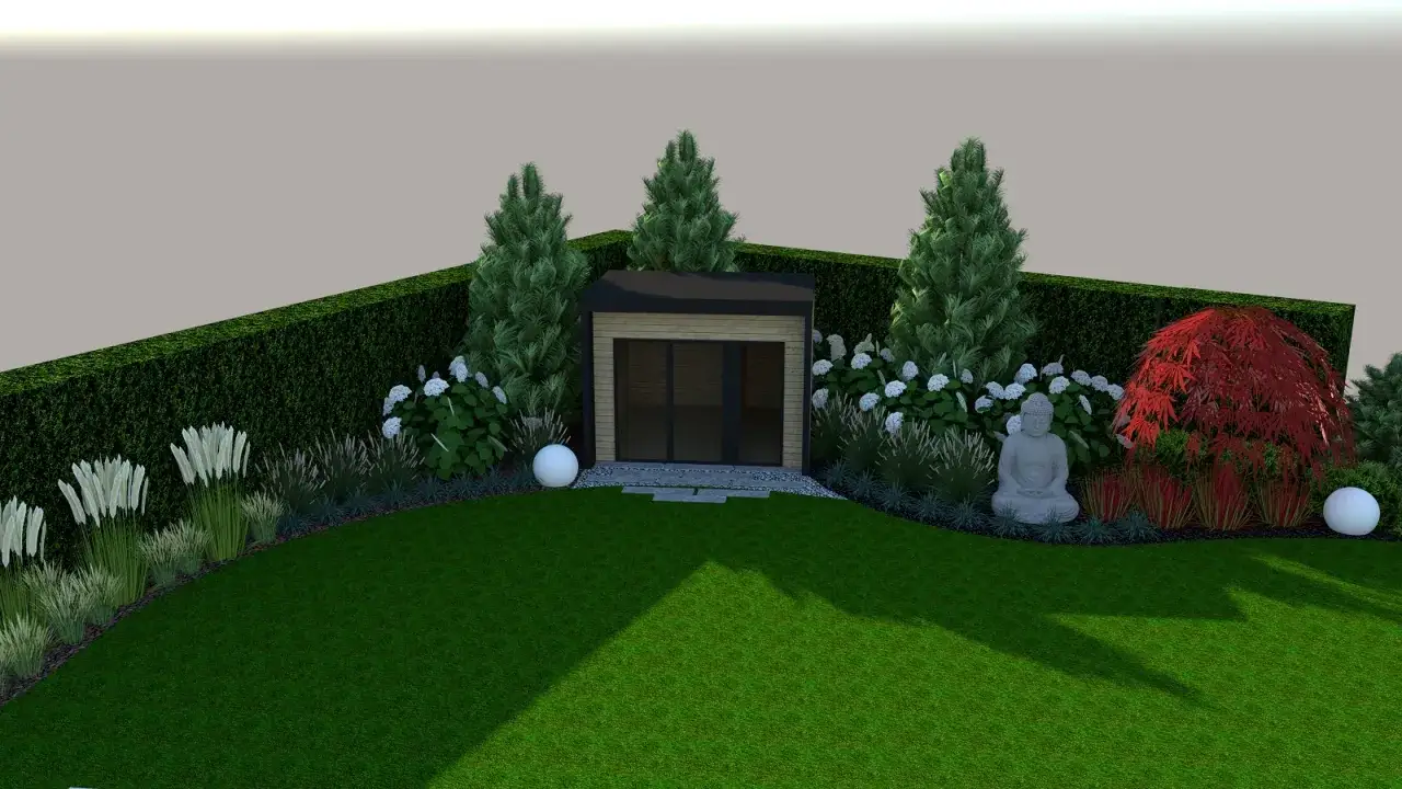 Jak zaprojektować ogród przed domem: nowoczesna altana, trawnik, krzewy, drzewa i kamienna figura Buddy tworzą spokojną oazę.