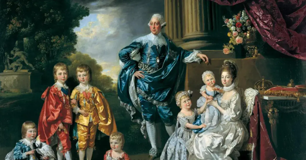 Portret rodziny królewskiej. Król Jerzy, na co chorował, jest w centrum, otoczony dziećmi i królową.