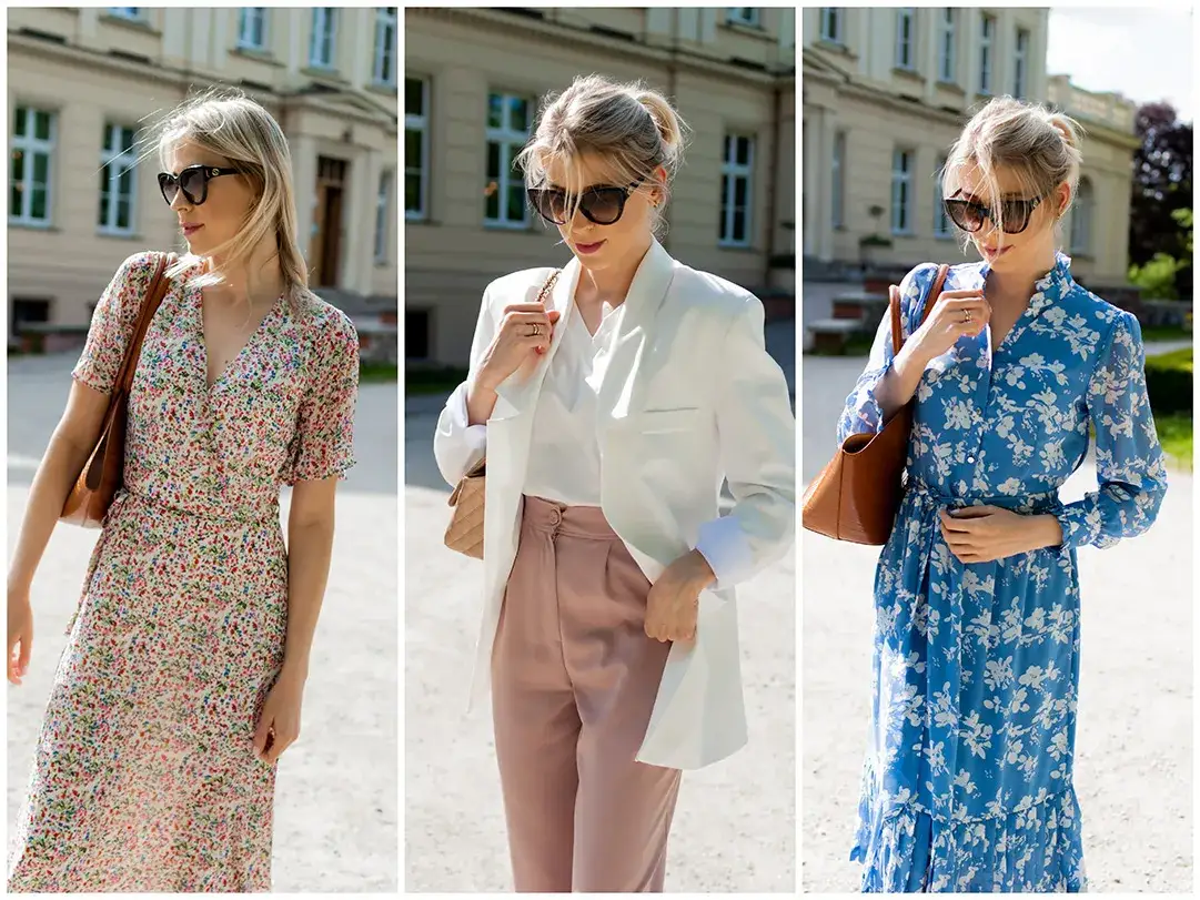 Eleganckie stylizacje na zjazd rodzinny, sukienka midi, garnitur damski