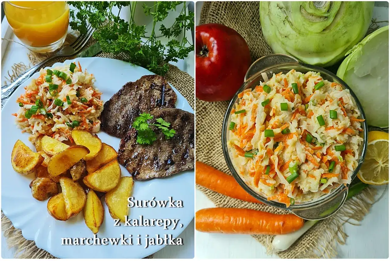 Pyszna sur&oacute;wka z kalarepy, marchewki i jabłka, podana z grillowanymi ziemniakami i mięsem.
