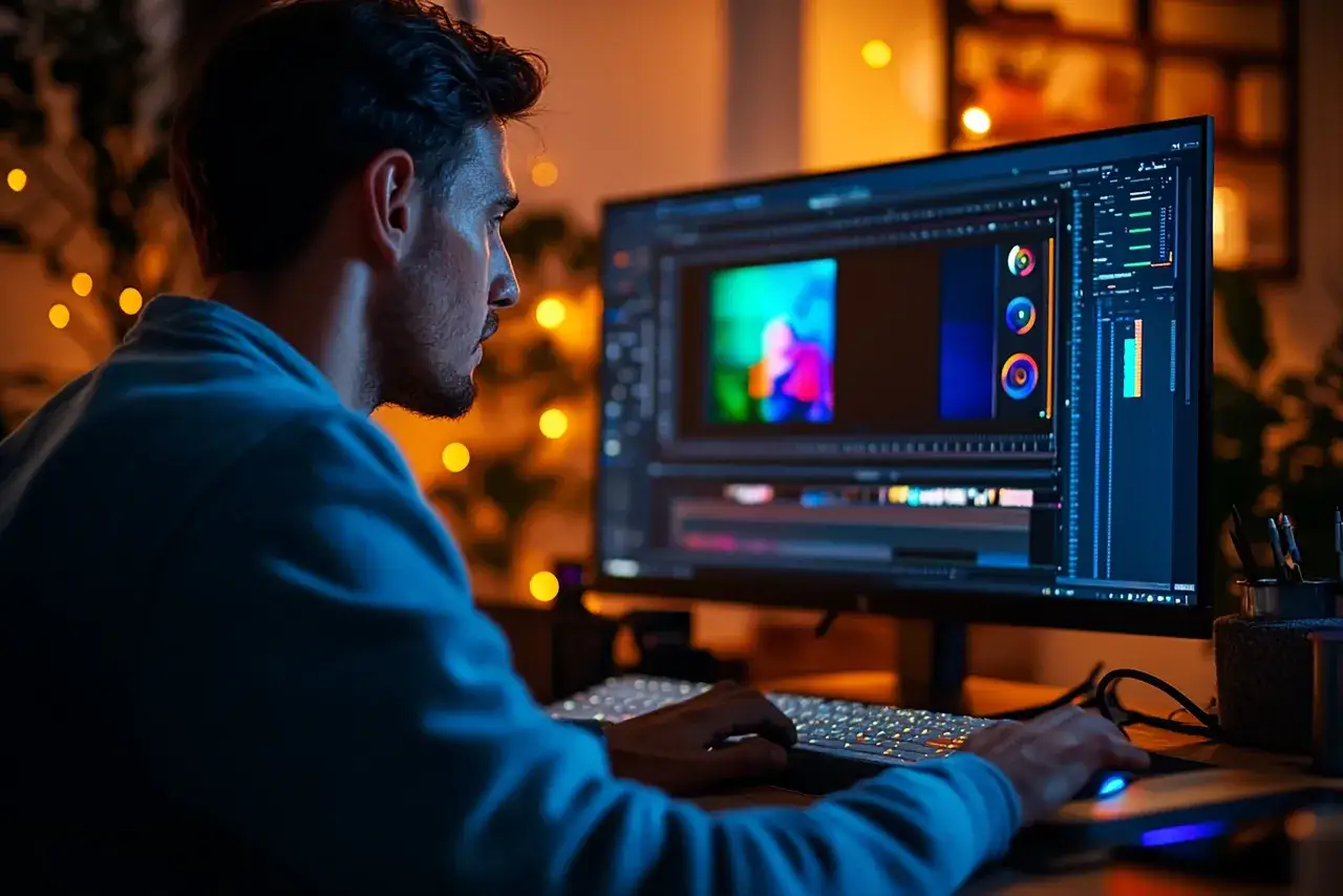 Mężczyzna pracuje przy komputerze, edytując wideo. Na ekranie widać zaawansowany, darmowy edytor wideo z wieloma ścieżkami i narzędziami.
