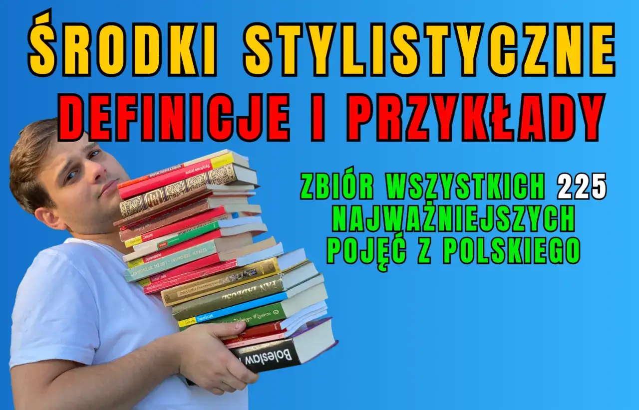 Młody mężczyzna z książkami, na tle napisów 
