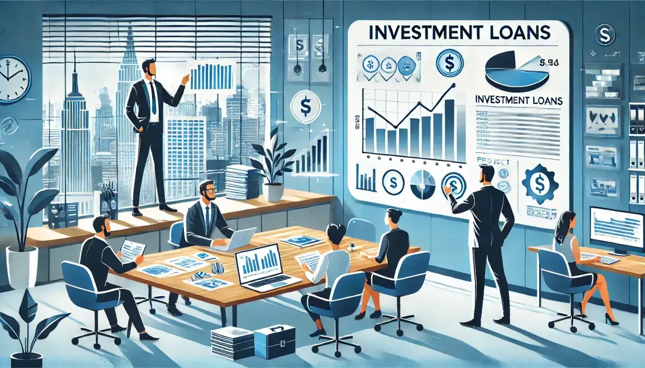 Zesp&oacute;ł omawia kredyt inwestycyjny co to jest, analizując wykresy i dane na tablicy w nowoczesnym biurze z widokiem na miasto.