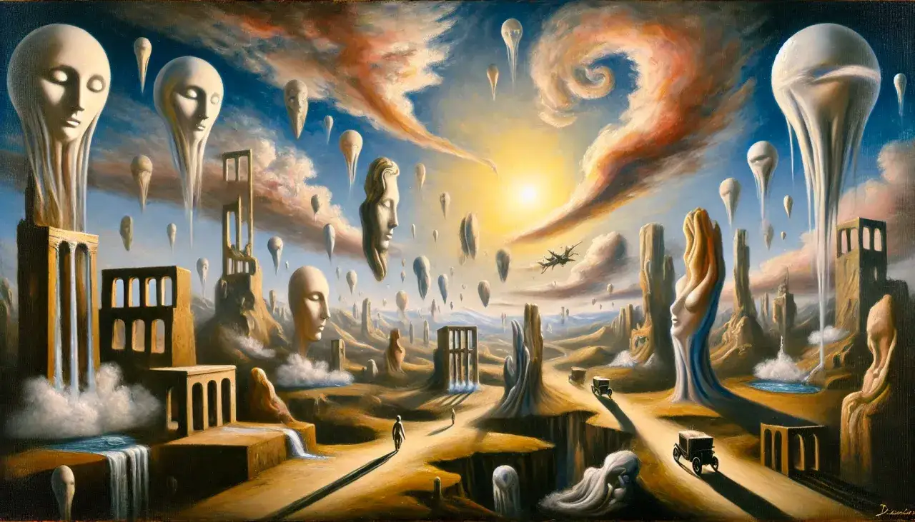 Krajobraz snu, gdzie unoszą się twarze i budowle, a w oddali sunie dziwny pojazd. To kwintesencja surrealizmu w malarstwie.