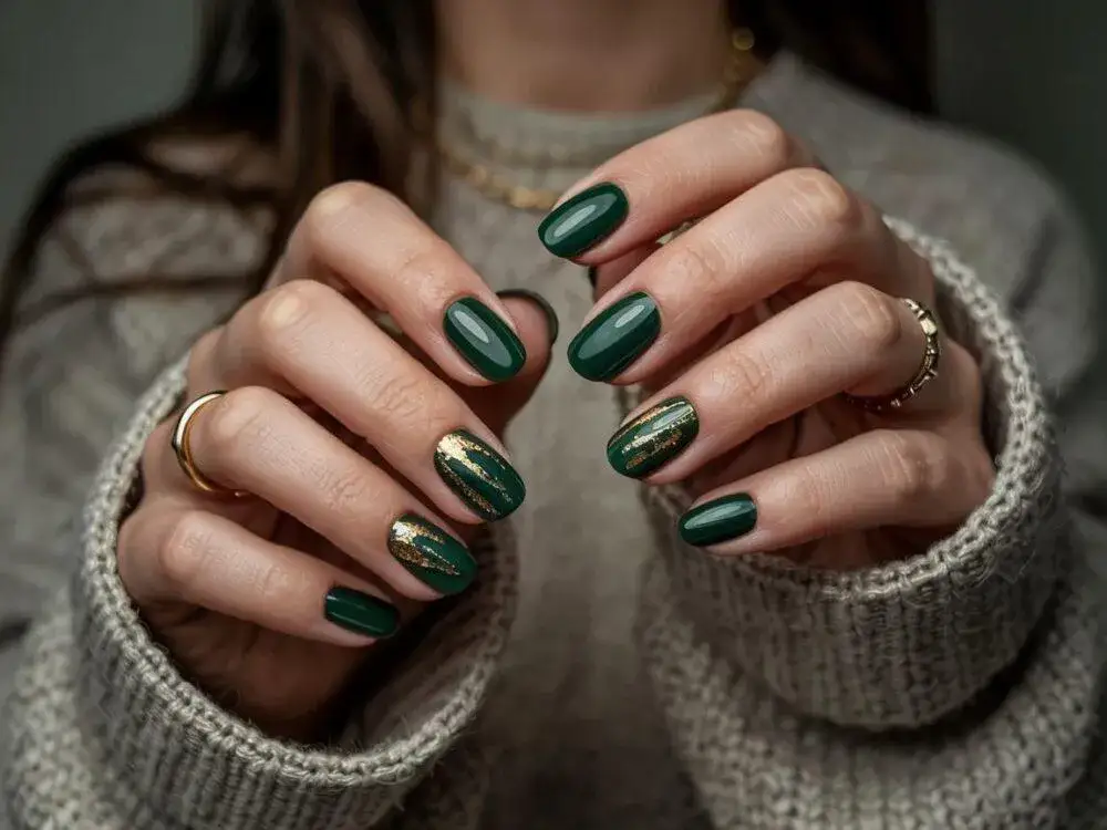 złote buty odważny manicure butelkowa zieleń burgund