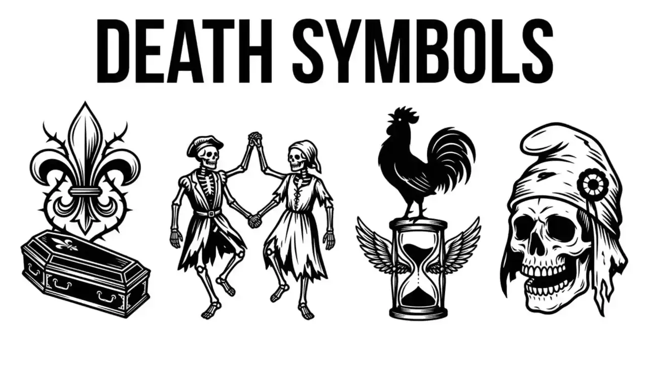 Symbole śmierci: trumna, tańczące szkielety, klepsydra z kogutem i czaszka. Ilustracje te często pojawiają się jako motyw śmierci w literaturze, symbolizując przemijanie.