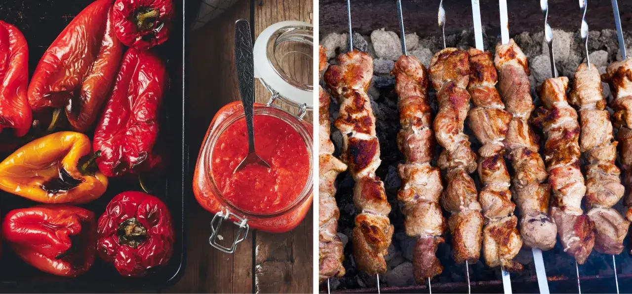 Pieczona papryka i sos, a obok szaszłyki z grilla – smak Czarnogóry na talerzu.