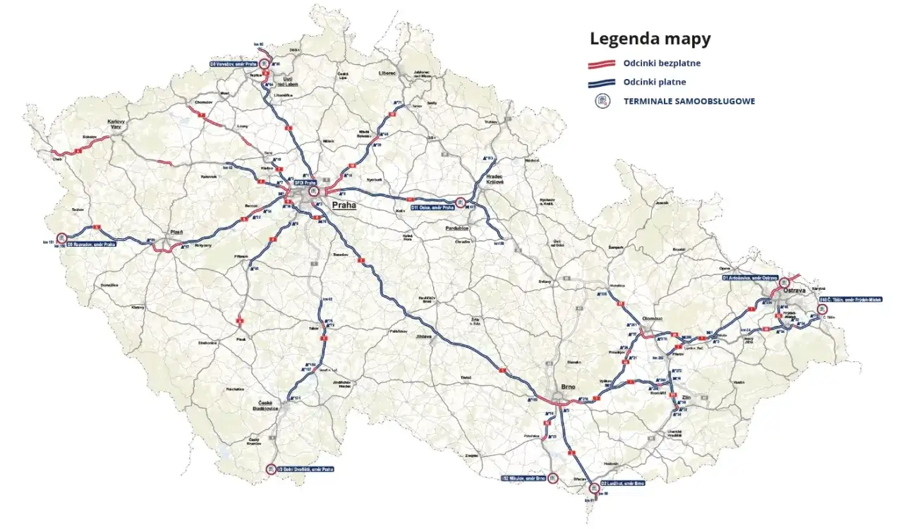 Mapa Czech z zaznaczonymi autostradami. Czerwone linie to odcinki bezpłatne, niebieskie to płatne. Widać opłaty na autostradach.