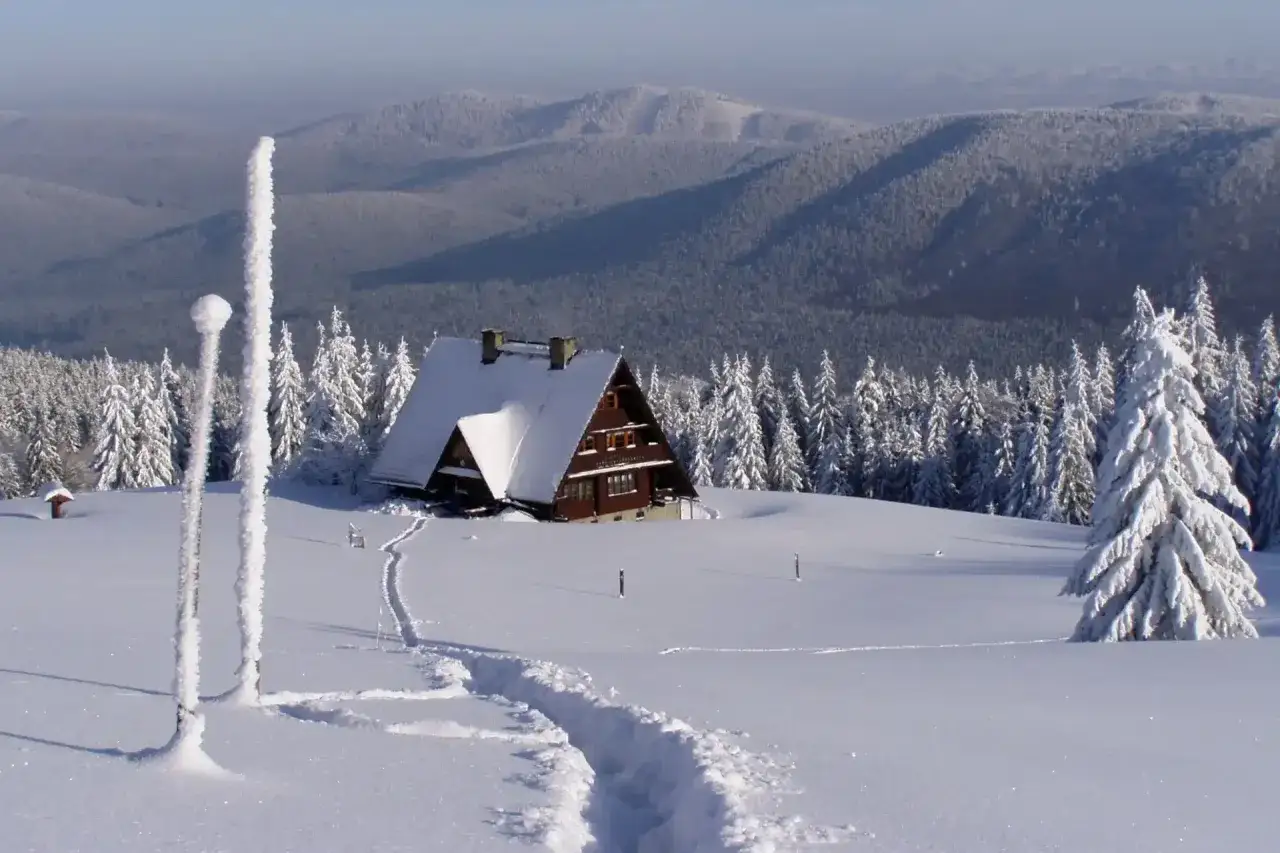 Zimowa sceneria z bac&oacute;wką na Rycerzowej. Śnieżne wzg&oacute;rza, zasypane drzewa i ślady na śniegu prowadzące do przytulnego schroniska.