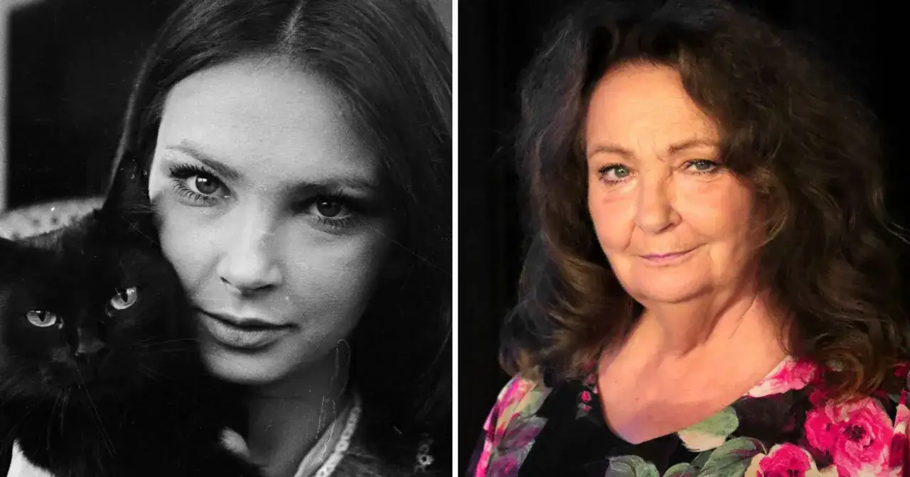 Anna Dymna w wieku 40 lat, młoda i piękna, z czarnym kotem na rękach, obok tej samej aktorki w p&oacute;źniejszym wieku.