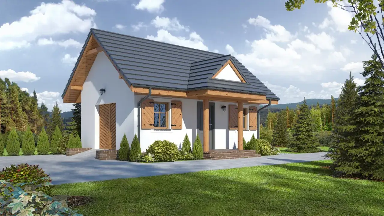 Uroczy budynek gospodarczy z częścią mieszkalną, otoczony zielenią i lasem.