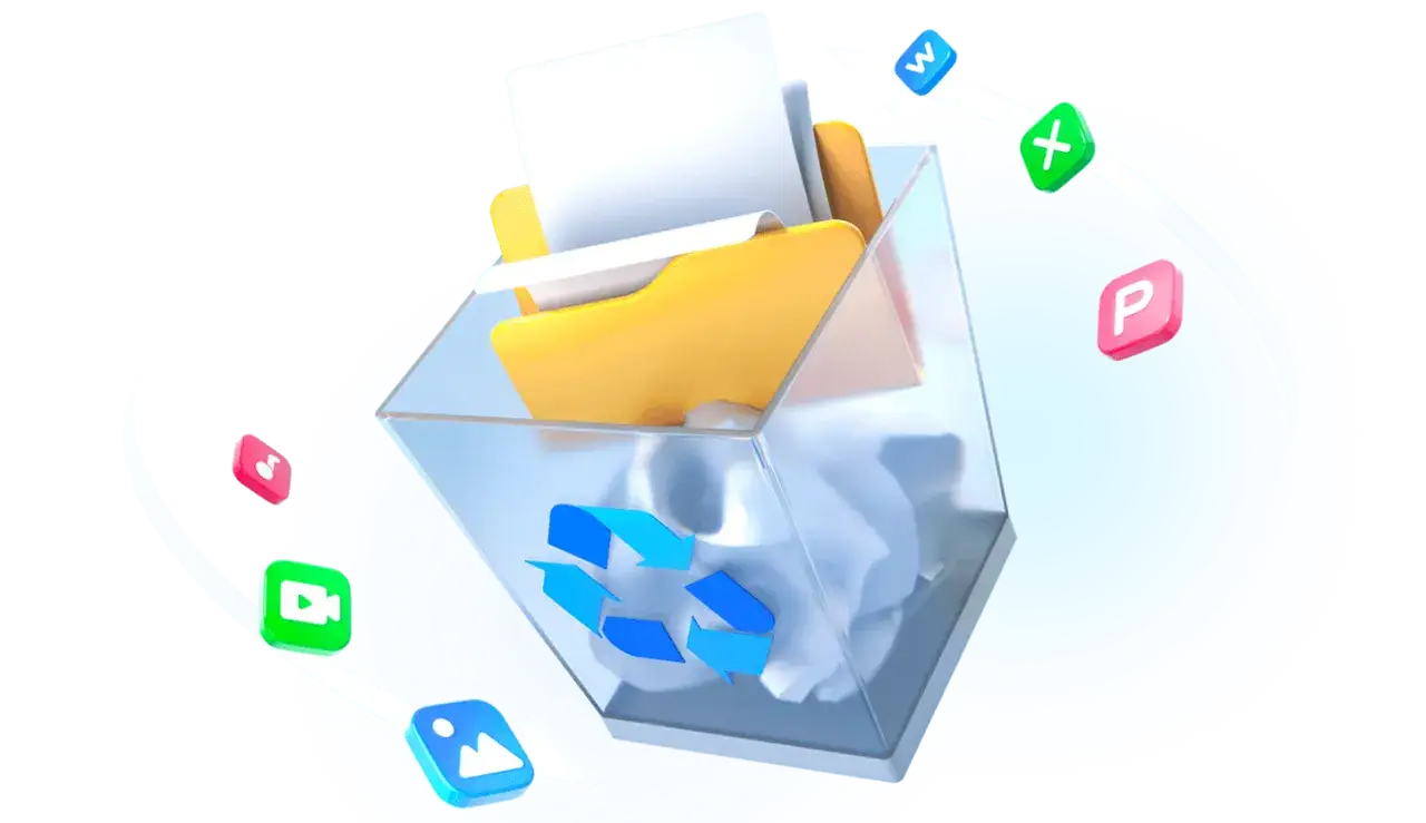 Kosz na śmieci z ikonami plik&oacute;w i folder&oacute;w, symbolizujący odzyskiwanie danych, np. jak odzyskać usunięte wiadomości sms.