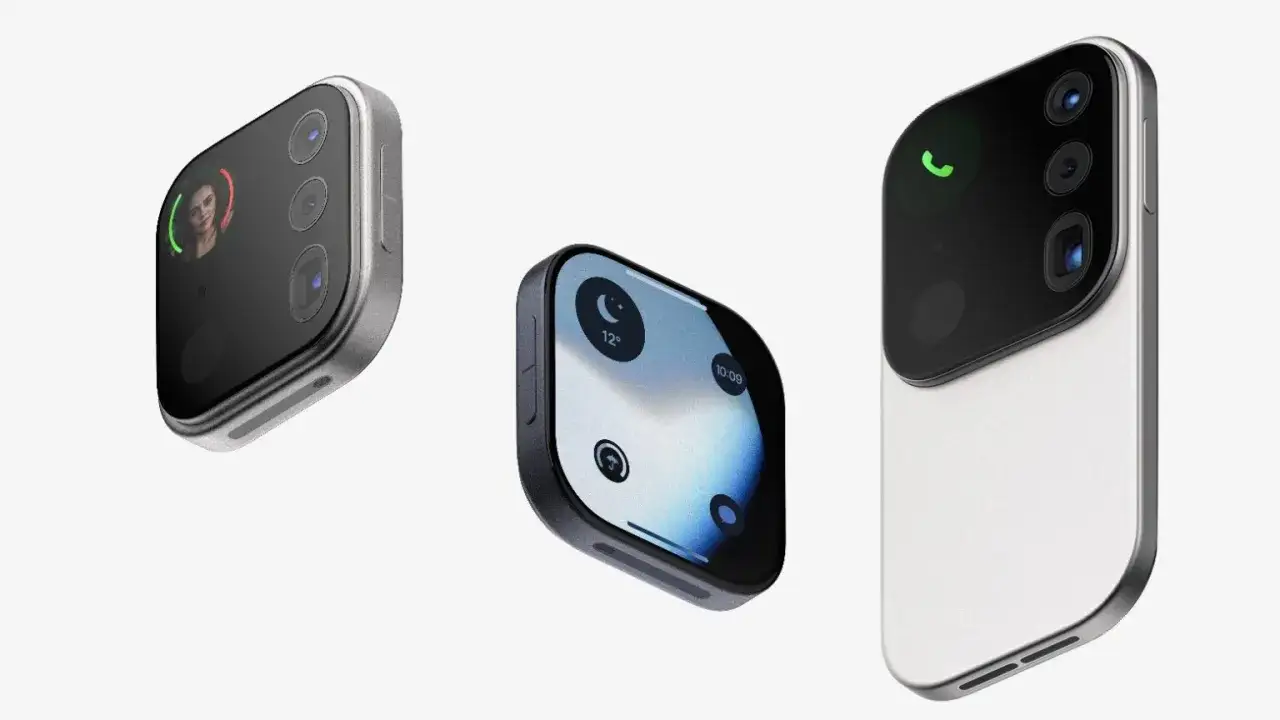 Koncepcja iPhone 17 Air: trzy telefony z minimalistycznym designem, jeden z ekranem pokazującym rozmowę wideo, drugi z ikonami pogody i zegarem, trzeci z zieloną ikoną połączenia.