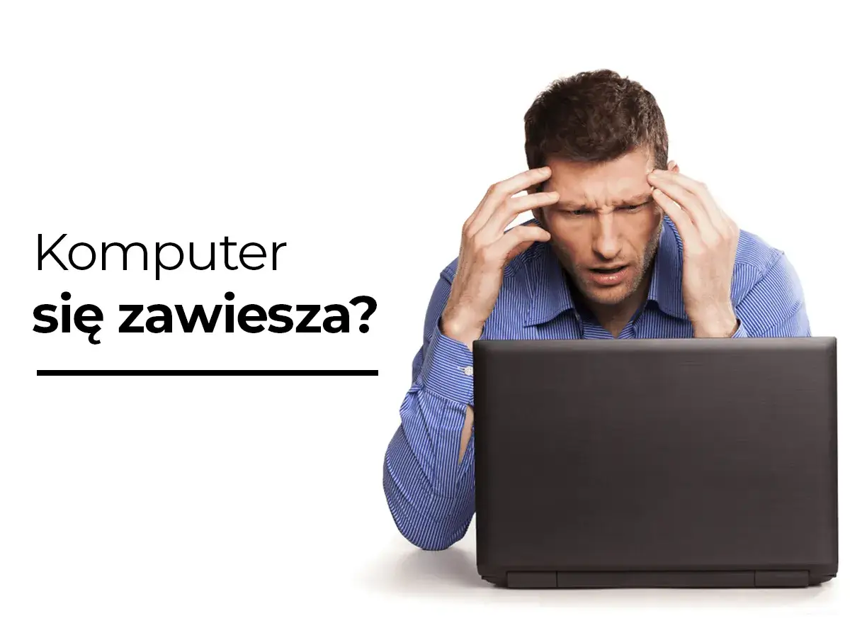 Zmartwiony mężczyzna z laptopem. Dowiedz się, co zrobić, żeby laptop się nie zacinał i rozwiąż problem zawieszającego się komputera.