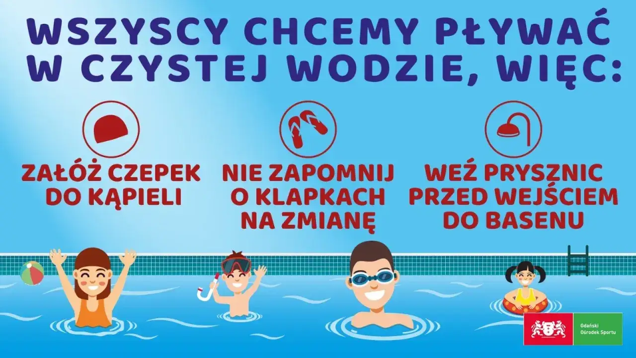 Wskaz&oacute;wki dotyczące tego, jaki str&oacute;j na basen: zał&oacute;ż czepek, weź klapki i prysznic przed wejściem. Dzieci cieszą się pływaniem.