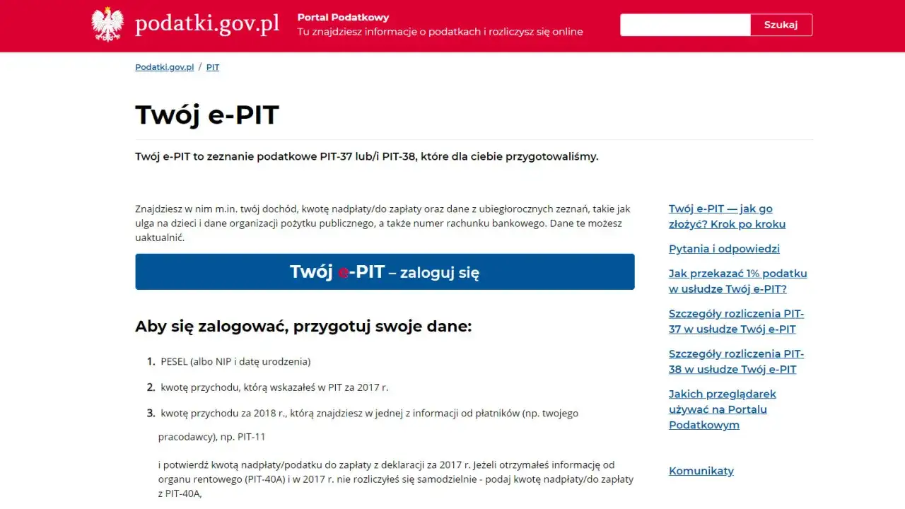 Usługa Twój e-PIT, ekran logowania, przykład zeznania