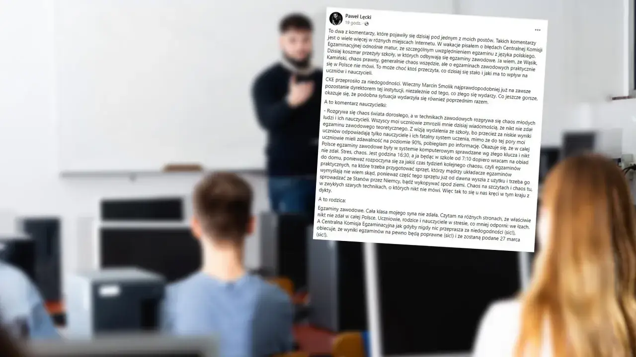 Dyskusja o tym, ile trzeba mieć procent żeby zdać egzamin zawodowy. Nauczyciel tłumaczy uczniom, jak przygotować się do egzaminu.