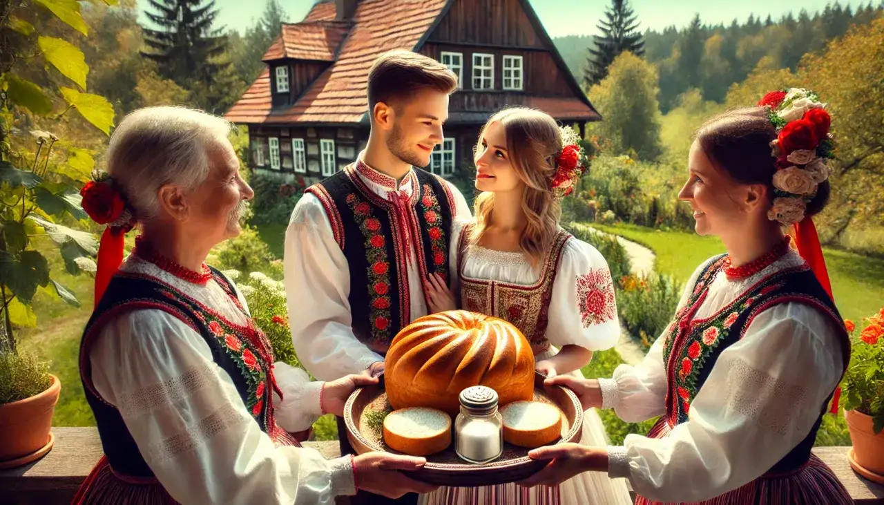 Para młoda w strojach ludowych otrzymuje chleb i sól, symbole w weselu.
