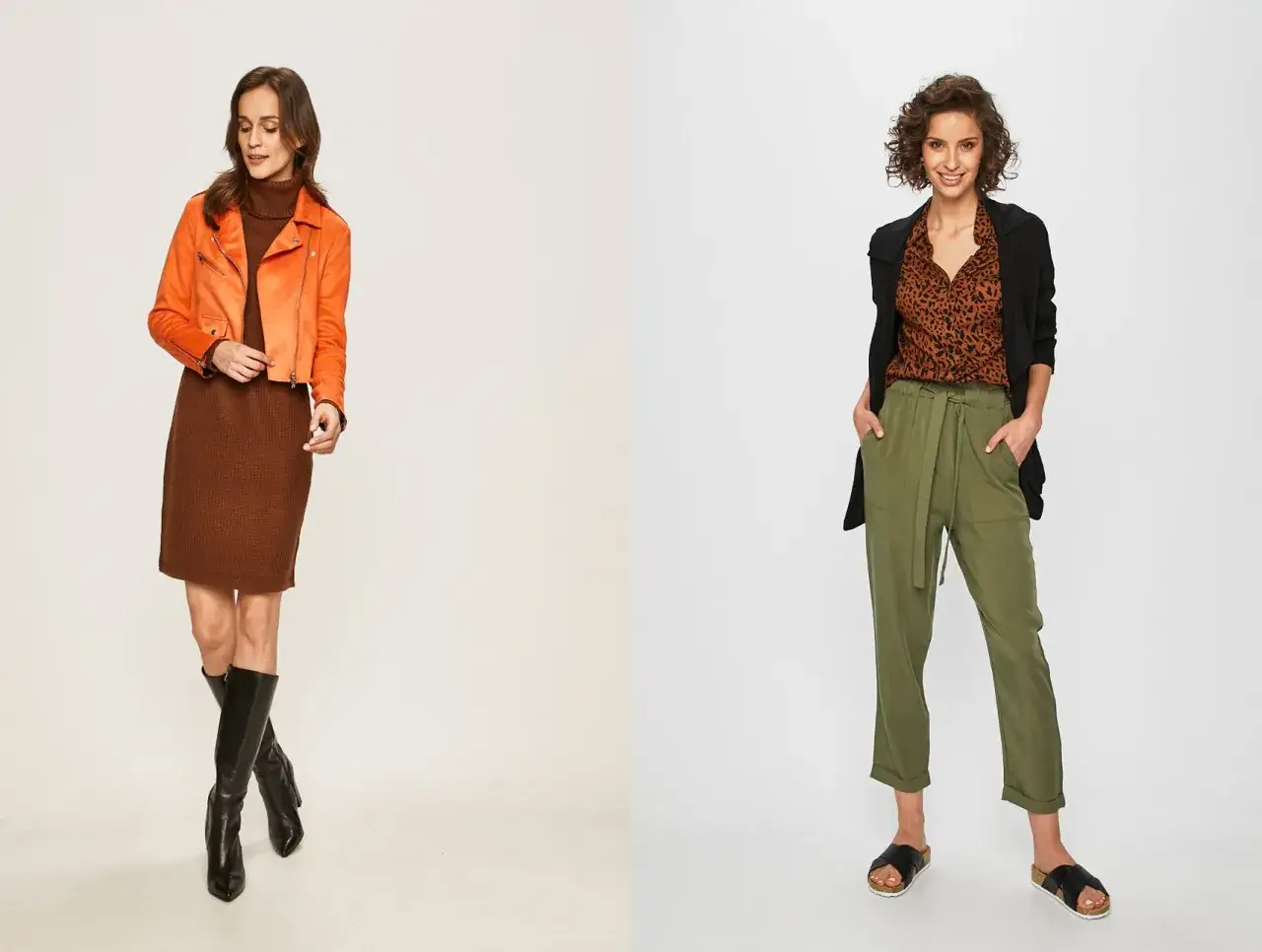 Dwie kobiety prezentują ciepła jesień stylizacje: jedna w brązowej sukience i pomarańczowej ramonesce, druga w zielonych spodniach i wzorzystej bluzce.