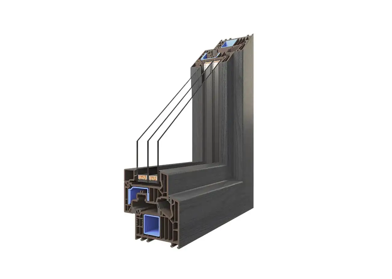 Przekrój okna trzyszybowego z widocznymi komorami profilu. Analiza potencjalnych wad okien trzyszybowych.