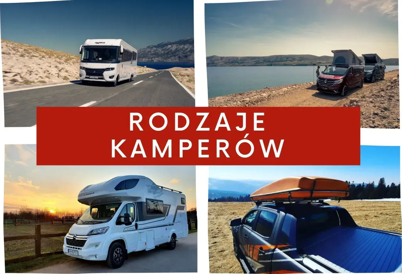 R&oacute;żne rodzaje kamper&oacute;w: duży kamper na drodze, kampery z podnoszonym dachem nad jeziorem, kamper z garażem i kamper z boxem dachowym w g&oacute;rach.