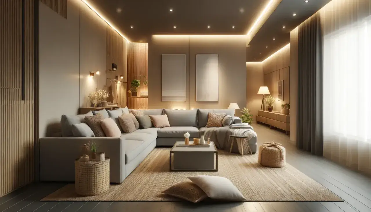 Przytulny salon z szarą sofą, dywanem i ciepłym oświetleniem. Idealne miejsce, by zastanowić się, jaka moc żarówki led do salonu stworzy taką atmosferę.