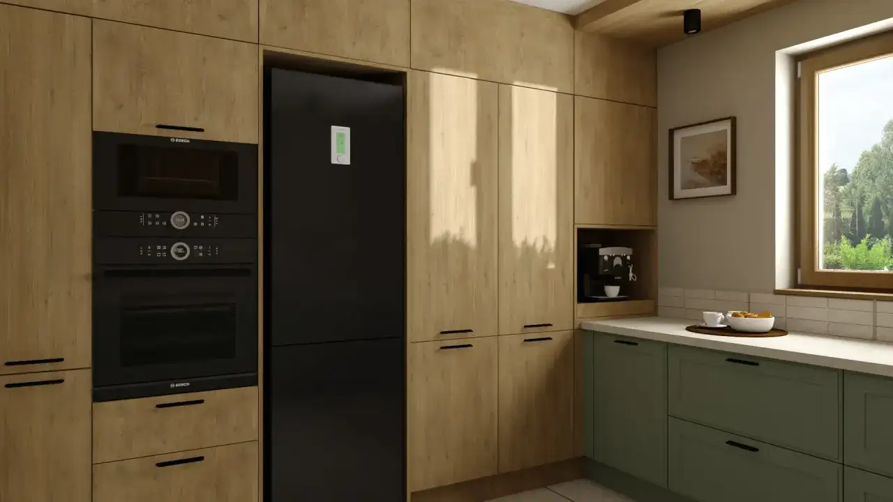 Nowoczesna kuchnia z ukrytą spiżarnią, czarną lod&oacute;wką i wbudowanymi piekarnikami Bosch. Drewniane fronty szafek tworzą ciepły klimat.