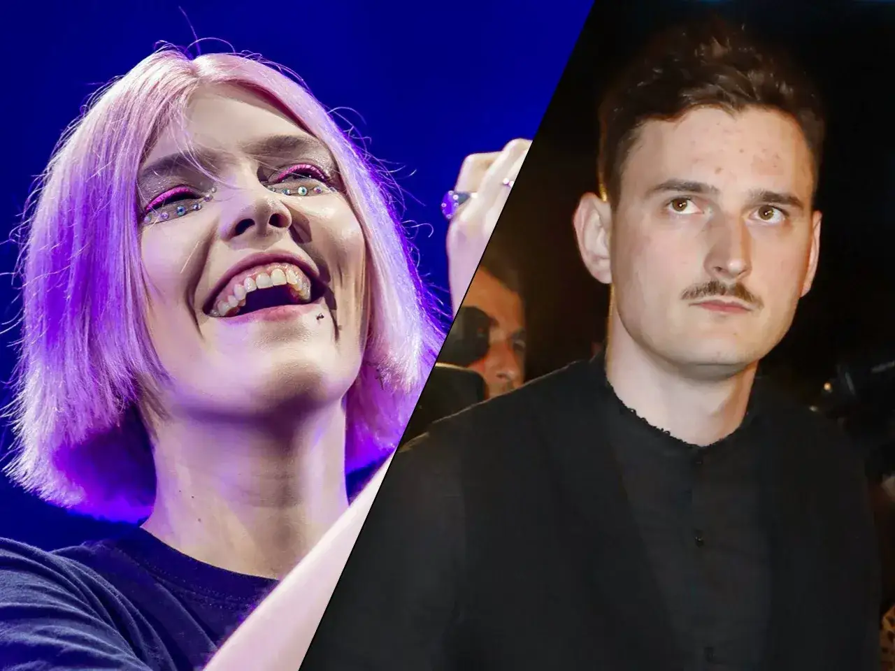 Daria Zawiałow z r&oacute;żowymi włosami i błyszczącym makijażem obok Dawida Podsiadło w czarnym stroju.