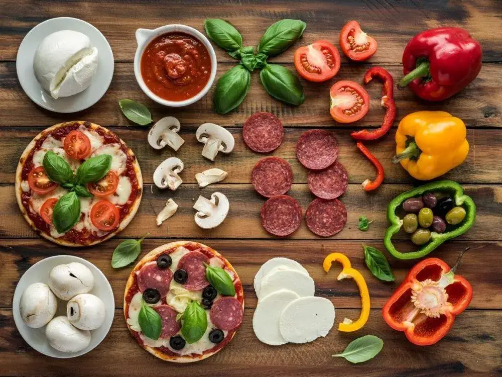 R&oacute;żne warzywa na pizzę, świeże i przygotowane