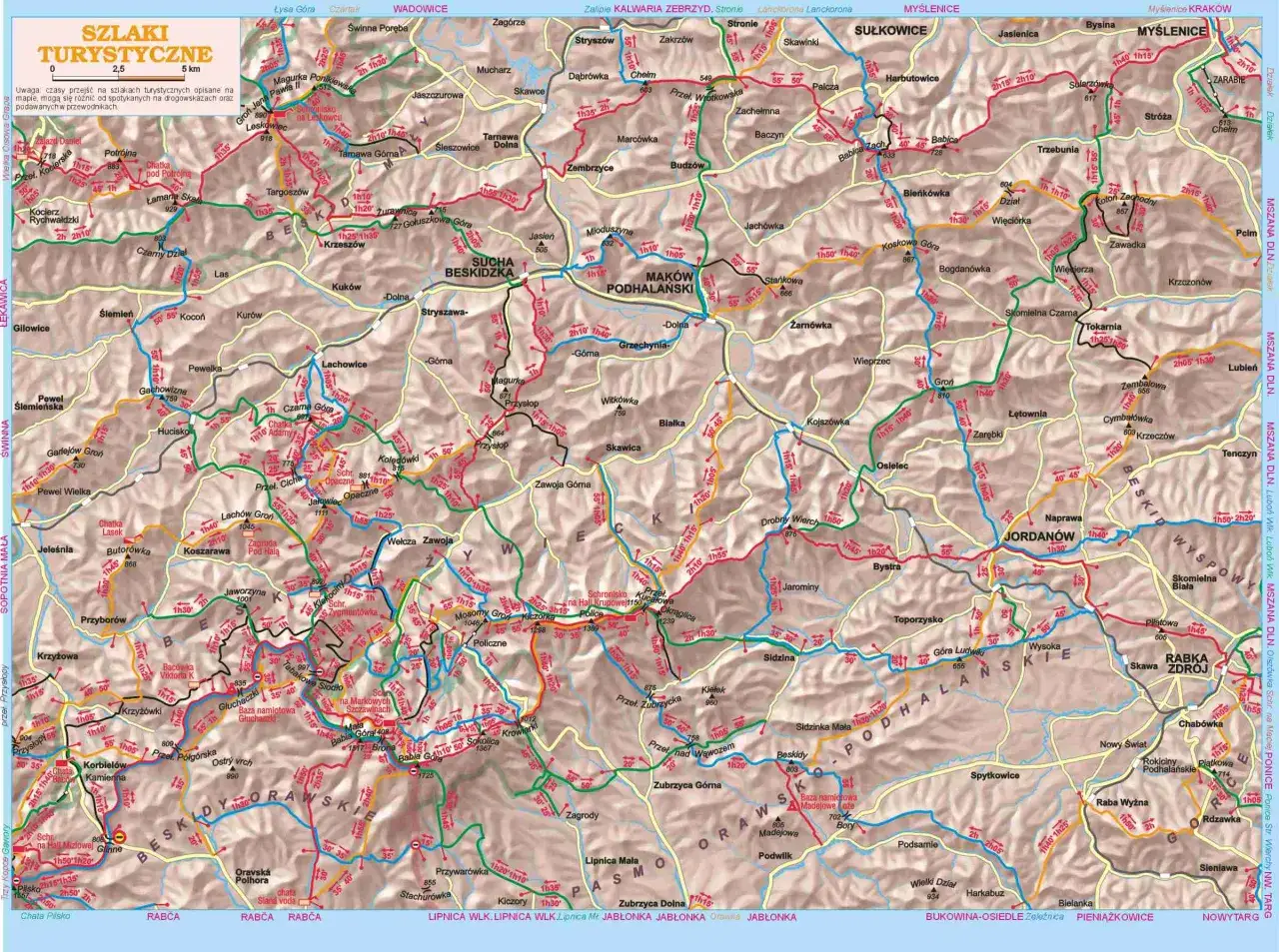 Mapa szlak&oacute;w turystycznych Beskidu Makowskiego i Wyspowego. Widać tu szczyty takie jak Babia G&oacute;ra, a także liczne miejscowości i trasy.