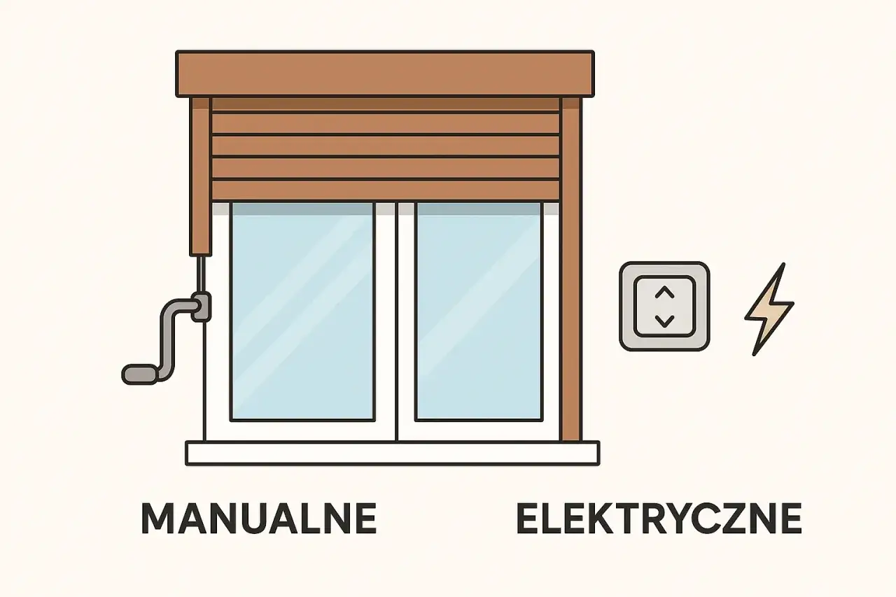 Rolety zewnętrzne ręczne z korbką obok okna, a po drugiej stronie przełącznik i symbol prądu dla rolet elektrycznych.