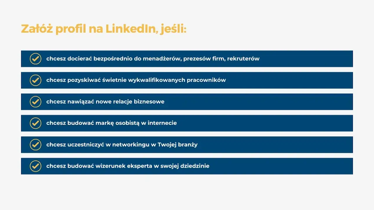 Zał&oacute;ż profil na LinkedIn, jeśli chcesz docierać do menedżer&oacute;w, pozyskiwać pracownik&oacute;w, budować markę osobistą i wizerunek eksperta. Aplikacja LinkedIn to narzędzie do rozwoju kariery.