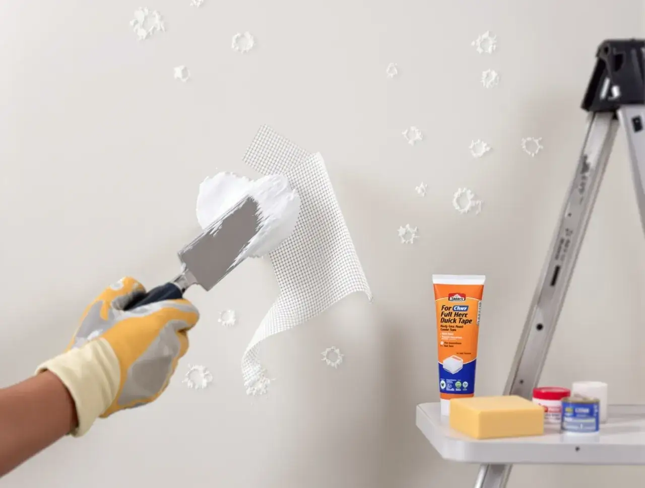 Rękawica z gipsem i siatką naprawczą pokazuje, jak zakryć dziury w ścianie. Obok drabina i materiały budowlane.